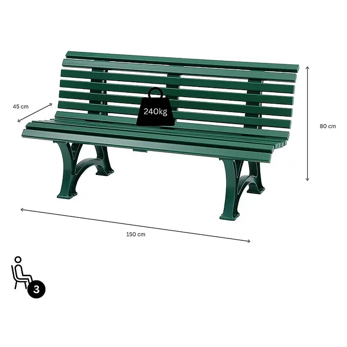 Proregal Gartenbank Jamaika 3-Sitzer aus Kunststoff - Grün - Abbildung einer grünen Parkbank mit den Maßen 150 cm Länge, 45 cm Tiefe und 80 cm Höhe, belastbar bis 240 kg, geeignet für 3 Personen.