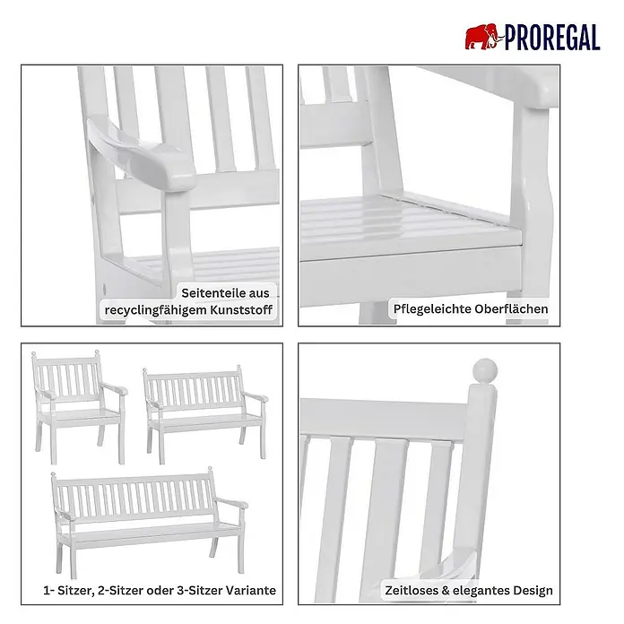 Proregal Gartenbank Aruba 3-Sitzer aus Kunststoff - Weiß - Detailansichten der Gartenbank aus Kunststoff in verschiedenen Größen und Designs, mit Fokus auf Material und elegantes Design.