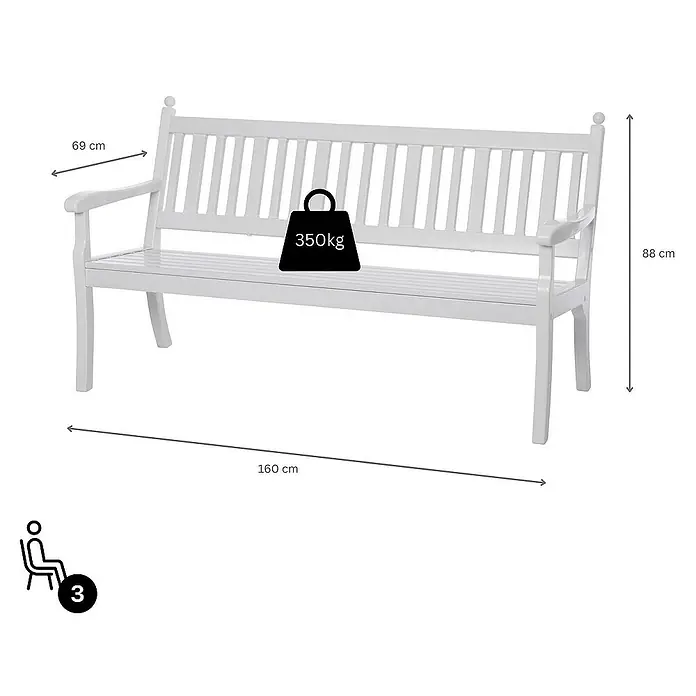 Proregal Gartenbank Aruba 3-Sitzer aus Kunststoff - Weiß - Diese Gartenbank in Weiß bietet Platz für 3 Personen und hält bis zu 350 kg aus. Ihre Maße betragen 160 cm in der Länge und 88 cm in der Höhe.