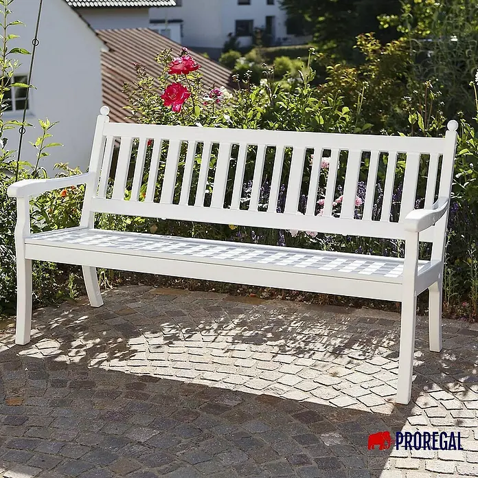 Proregal Gartenbank Aruba 3-Sitzer aus Kunststoff - Weiß - Eine elegante, weiße Gartenbank aus Holz, die sich ideal für entspannte Stunden im Freien eignet. Perfekt für Garten oder Terrasse!