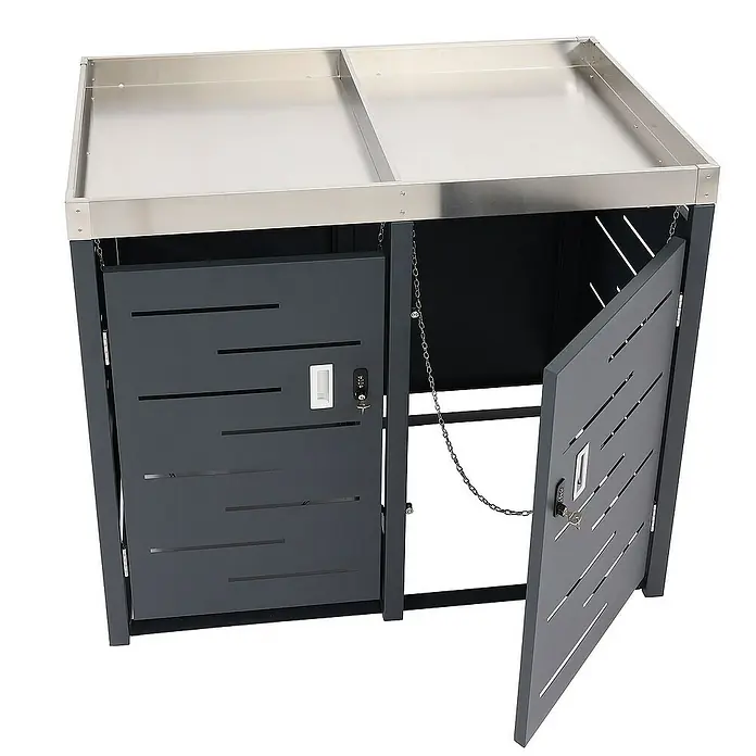 Proregal Mülltonnenbox 2er-Mülltonnenverkleidung - Metall, Edelstahl, Geeignet für Anzahl Mülltonnen: 2 Stk. - Doppel-Mülltonnenbox mit Edelstahlablage. Das Produkt hat abschließbare Türen und ein modernes Design für den Außenbereich.
