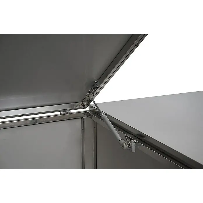 Proregal Mülltonnenbox XL 2er-/4er-Mülltonnenverkleidung - Metall, Edelstahl, Geeignet für Anzahl Mülltonnen: 2 Stk. - Ansicht des geöffneten Deckels eines Behälters, der durch einen Stoßdämpfer unterstützt wird.