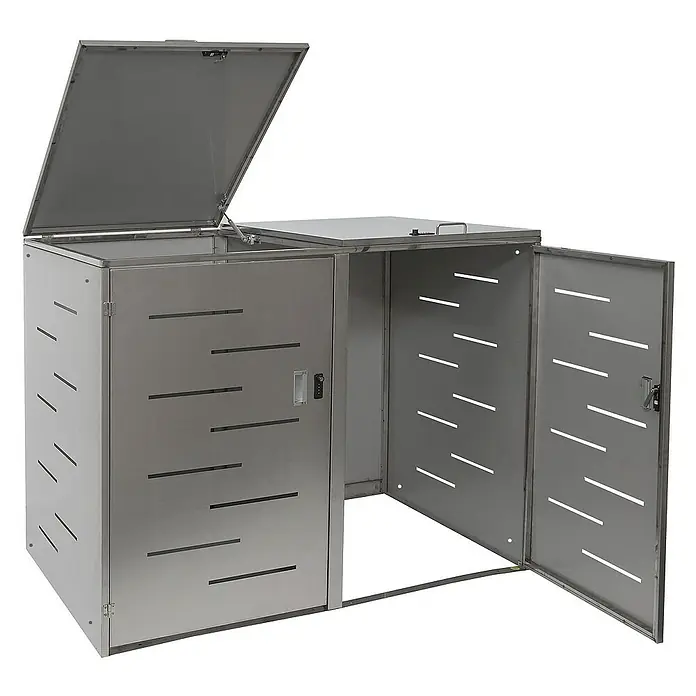Proregal Mülltonnenbox XL 2er-/4er-Mülltonnenverkleidung - Metall, Edelstahl, Geeignet für Anzahl Mülltonnen: 2 Stk. - Bild einer grauen Metall-Fahrradbox mit offenem Deckel und Tür, ideal zur Aufbewahrung von Fahrrädern im Freien und zum Schutz vor Witterungseinflüssen.