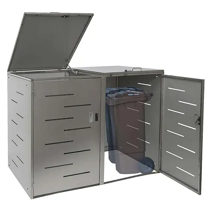 Proregal Mülltonnenbox XL 2er-/4er-Mülltonnenverkleidung - Metall, Edelstahl, Geeignet für Anzahl Mülltonnen: 2 Stk. - Ein doppelter Mülltonnenbox aus Metall mit geöffnetem Deckel und Tür, die zwei Mülltonnen enthält.