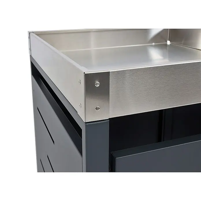 Proregal Mülltonnenbox 2er-Mülltonnenverkleidung - Metall, Edelstahl, Geeignet für Anzahl Mülltonnen: 2 Stk. - Detailaufnahme eines hochwertigen Küchenwagens mit Edelstahloberfläche und grauen Schrankelementen, der Funktionalität und modernes Design vereint.