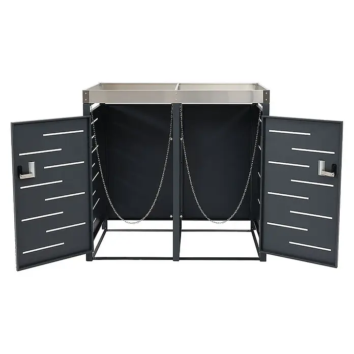 Proregal Mülltonnenbox 2er-Mülltonnenverkleidung - Metall, Edelstahl, Geeignet für Anzahl Mülltonnen: 2 Stk. - Das Bild zeigt einen doppelten Mülltonnenbox aus Metall mit zwei geöffneten Türen und Ketten zur Sicherung der Behälter.
