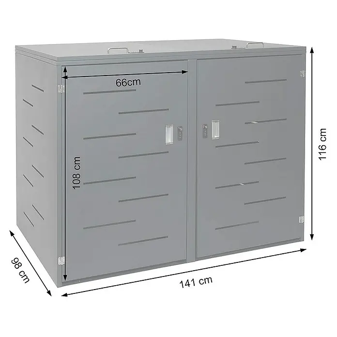 Proregal Mülltonnenbox XL 2er-/4er-Mülltonnenverkleidung - Metall, Edelstahl, Geeignet für Anzahl Mülltonnen: 2 Stk. - Bild einer grauen Mülltonnenbox mit Maßangaben.