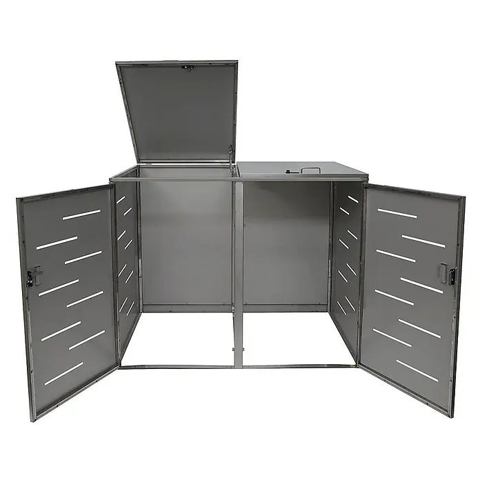 Proregal Mülltonnenbox XL 2er-/4er-Mülltonnenverkleidung - Metall, Edelstahl, Geeignet für Anzahl Mülltonnen: 2 Stk. - Bild eines doppelten Mülltonnenbox aus Metall mit zwei offenen Türen und einem geöffneten Deckel.