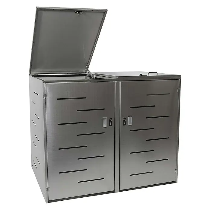 Proregal Mülltonnenbox XL 2er-/4er-Mülltonnenverkleidung - Metall, Edelstahl, Geeignet für Anzahl Mülltonnen: 2 Stk. - Silberner Mülltonnenbox mit einer offenen Klappe und horizontalen Schlitzen für die Müllentsorgung.
