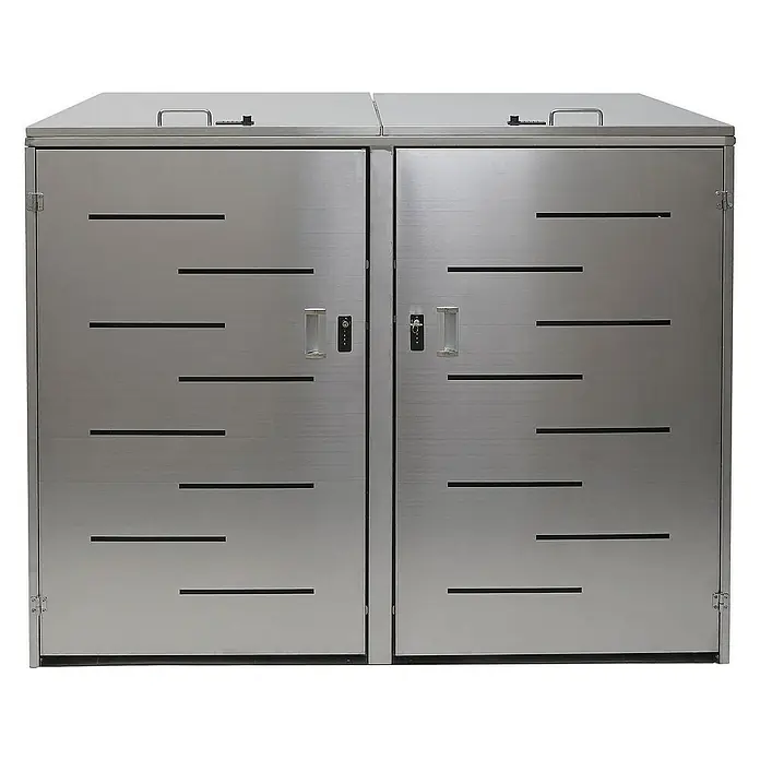 Proregal Mülltonnenbox XL 2er-/4er-Mülltonnenverkleidung - Metall, Edelstahl, Geeignet für Anzahl Mülltonnen: 2 Stk. - Metall-Mülltonnenbox für zwei Mülltonnen mit horizontalen Schlitzen auf den Türen und abschließbaren Griffen.