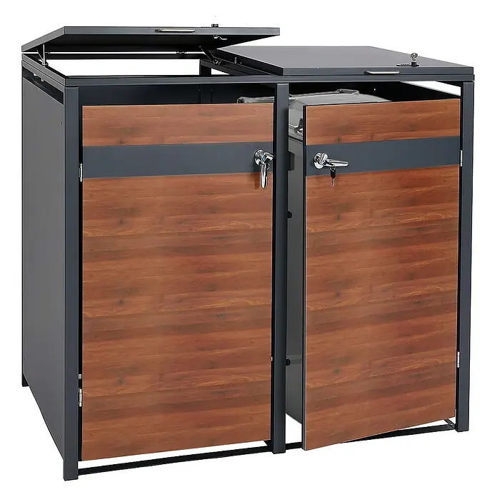 Proregal Mülltonnenbox XL 2er/4er-Mülltonnenverkleidung - 145 x 98 cm, Metall, Kirsche-Holzoptik Dunkelbraun, Geeignet für Anzahl Mülltonnen: 2 Stk. - Bild eines Mülltonnenbox-Doppel mit Holztüren und abschließbaren Griffen. Die Box bietet eine elegante Lösung für die Mülltonnenaufbewahrung.