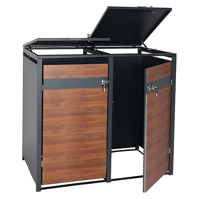 Proregal Mülltonnenbox XL 2er/4er-Mülltonnenverkleidung - 145 x 98 cm, Metall, Kirsche-Holzoptik Dunkelbraun, Geeignet für Anzahl Mülltonnen: 2 Stk. - Ein geräumiger, abschließbarer Mülltonnenbox für zwei Tonnen, gefertigt aus Holz und Metall, mit einem praktischen Klappdeckel.