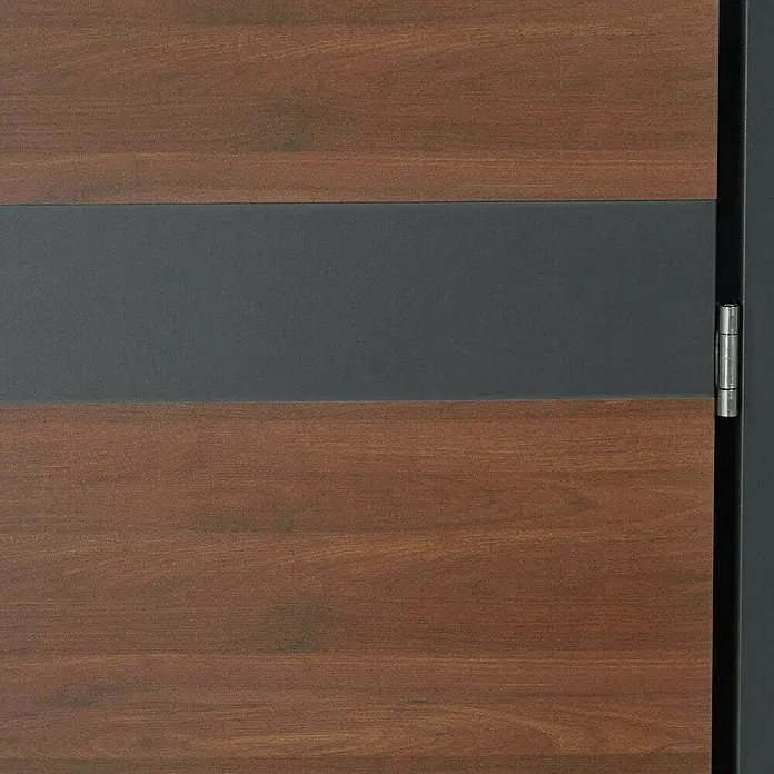Proregal Mülltonnenbox XL 2er/4er-Mülltonnenverkleidung - 145 x 98 cm, Metall, Kirsche-Holzoptik Dunkelbraun, Geeignet für Anzahl Mülltonnen: 2 Stk. - Nahaufnahme einer modernen Tür mit Holzpaneelen und einem grauen Akzentstreifen, hervorgehoben durch ein elegantes Scharnier.