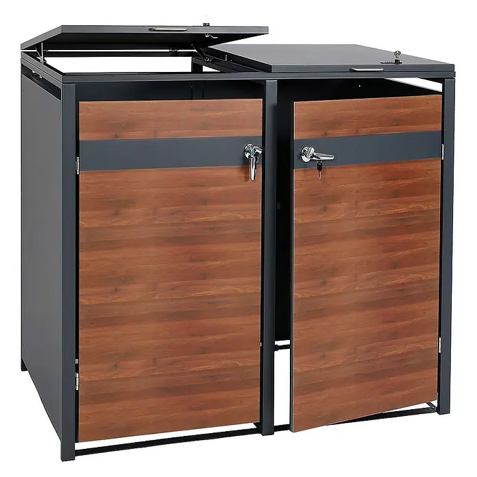 Proregal Mülltonnenbox XL 2er/4er-Mülltonnenverkleidung - 145 x 98 cm, Metall, Kirsche-Holzoptik Dunkelbraun, Geeignet für Anzahl Mülltonnen: 2 Stk. - Bild eines Mülltonnenbox mit Holztüren und abschließbaren Griffen. Die Box hat einen Metallrahmen und eine obere Abdeckung mit Öffnungsmechanismus.