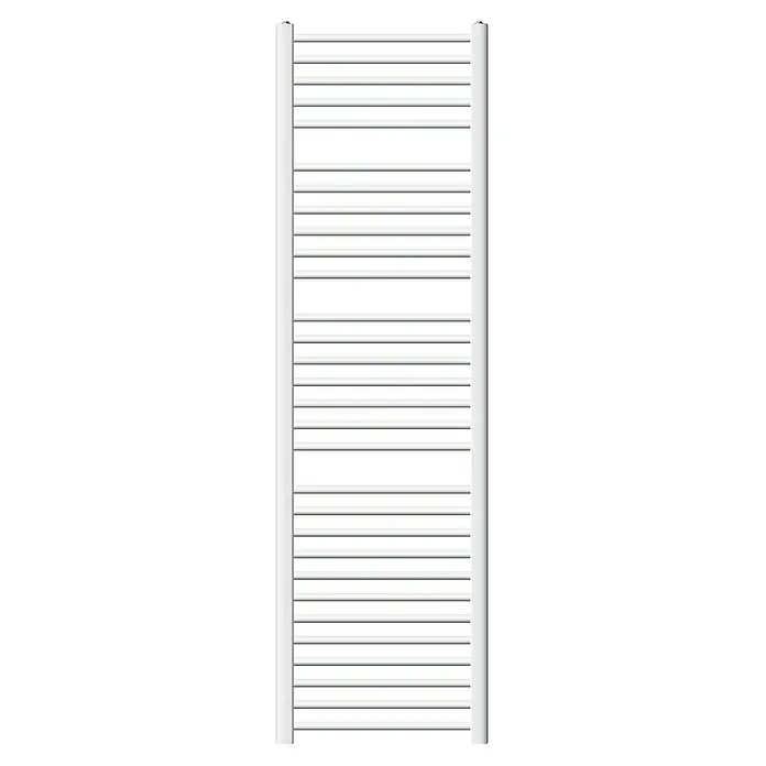 LuxeBath Elektro-Badheizkörper Handtuchwärmer Elektrisch Seitenanschluss mit Heizstab 1200W gebogen - B x H: 50 x 180 cm - Abbildung eines weißen Handtuchwärmers mit mehreren horizontalen Stangen, ideal zum Trocknen und Wärmen von Handtüchern im Badezimmer.