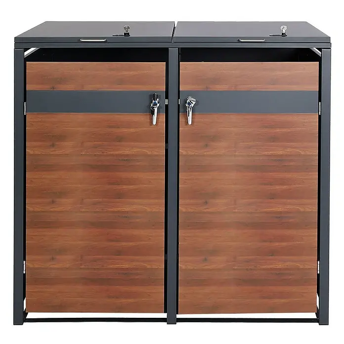 Proregal Mülltonnenbox 2er Mülltonnenverkleidung - 132 x 80 cm, Metall, Kirsche-Holzoptik Dunkelbraun, Geeignet für Anzahl Mülltonnen: 2 Stk. - Doppelter Mülltonnenbox mit Holzverkleidung und abschließbaren Türen bietet eine stilvolle und sichere Aufbewahrungslösung für Abfallbehälter.