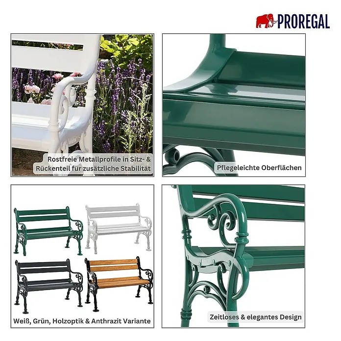 Proregal Gartenbank Curacao 2-Sitzer aus Kunststoff - Grün - Verschiedene Ansichten einer Gartenbank mit Metallprofilen und pflegeleichten Oberflächen, erhältlich in Weiß, Grün, Holzoptik und Anthrazit.