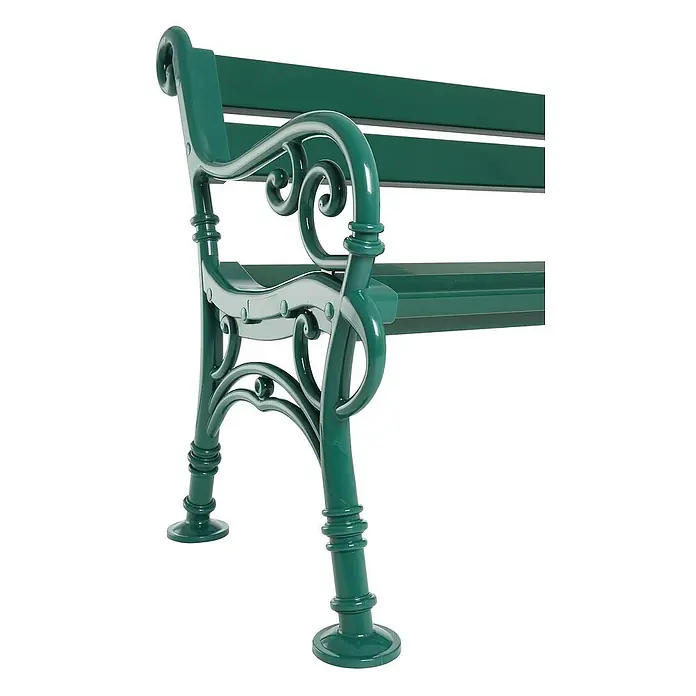 Proregal Gartenbank Curacao 2-Sitzer aus Kunststoff - Grün - Detailansicht einer grünen Parkbank aus Metall mit verzierten Armlehnen und Füßen.