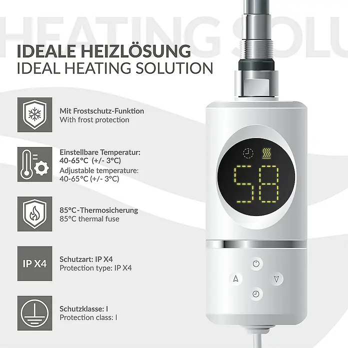 LuxeBath Elektro-Badheizkörper Handtuchwärmer Elektrisch Seitenanschluss mit Heizstab 900W gebogen - B x H: 60 x 180 cm - Intelligente Heizlösung: Das Produkt bietet Frostschutz, einstellbare Temperatur und Thermosicherung für optimale Sicherheit.