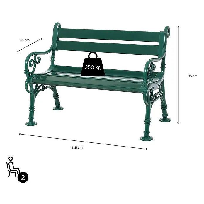 Proregal Gartenbank Curacao 2-Sitzer aus Kunststoff - Grün - Grüne Gartenbank für zwei Personen mit Maßen 115 x 44 x 85 cm und einer Belastbarkeit von 250 kg.