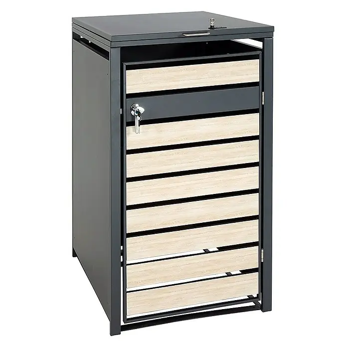 Proregal Mülltonnenbox 1er Mülltonnenverkleidung - Metall, Buche-Holzoptik Hellbraun, Geeignet für Anzahl Mülltonnen: 1 Stk. - Ein moderner, abschließbarer Briefkasten mit Holzlamellenfront und grauem Metallgehäuse für den Außenbereich.