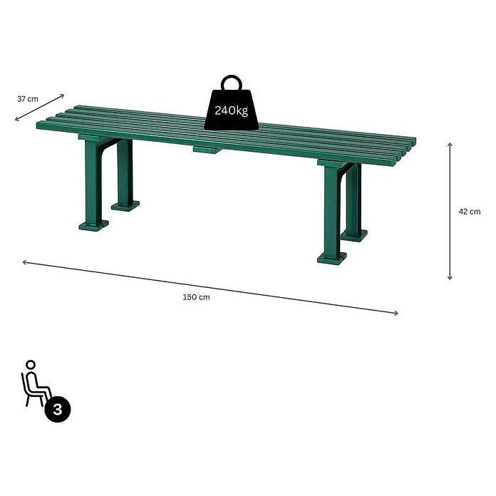 Proregal Gartenbank Kuba 3-Sitzer aus Kunststoff - Grün - Produktbild einer grünen Parkbank mit Maßangaben. Die Bank ist 150 cm lang, 37 cm tief und 42 cm hoch und hält 240 kg aus.