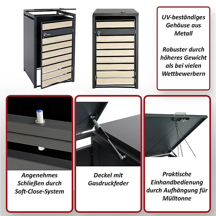 Proregal Mülltonnenbox 1er Mülltonnenverkleidung - Metall, Buche-Holzoptik Hellbraun, Geeignet für Anzahl Mülltonnen: 1 Stk. - Produktansicht: Metallgehäuse mit UV-Schutz, Soft-Close-System, Gasdruckfeder und Einhandbedienung zur Mülltonnenaufhängung für praktische Nutzung.