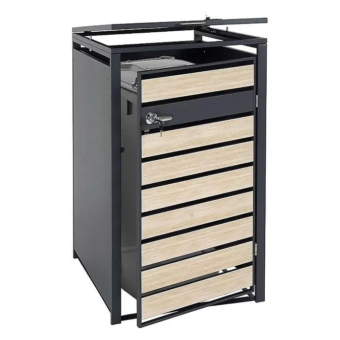 Proregal Mülltonnenbox 1er Mülltonnenverkleidung - Metall, Buche-Holzoptik Hellbraun, Geeignet für Anzahl Mülltonnen: 1 Stk. - Moderner Mülltonnenbox mit Holzverkleidung und abschließbarer Tür. Ideal für den Außenbereich, um Mülltonnen stilvoll zu verbergen.