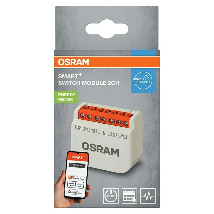 Osram Smart+ Schalter 2CH - Weiß, Innen - Das Bild zeigt einen Osram Smart+ Switch Module 2CH, ein intelligentes Gerät zur Steuerung und Überwachung des Energieverbrauchs.