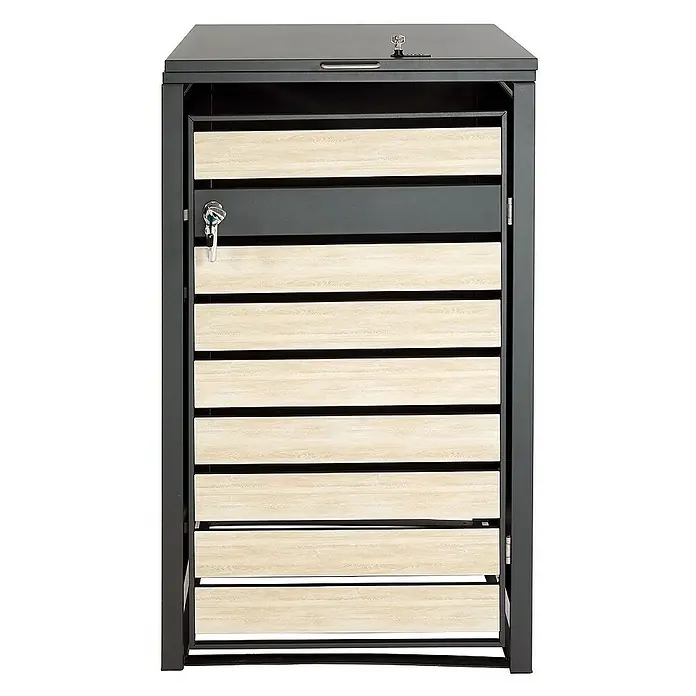Proregal Mülltonnenbox 1er Mülltonnenverkleidung - Metall, Buche-Holzoptik Hellbraun, Geeignet für Anzahl Mülltonnen: 1 Stk. - Dieser stilvolle Mülltonnenbox bietet eine attraktive Lösung, um Ihre Mülltonnen ordentlich und diskret zu verstauen. Das moderne Design fügt sich nahtlos in jeden Außenbereich ein.