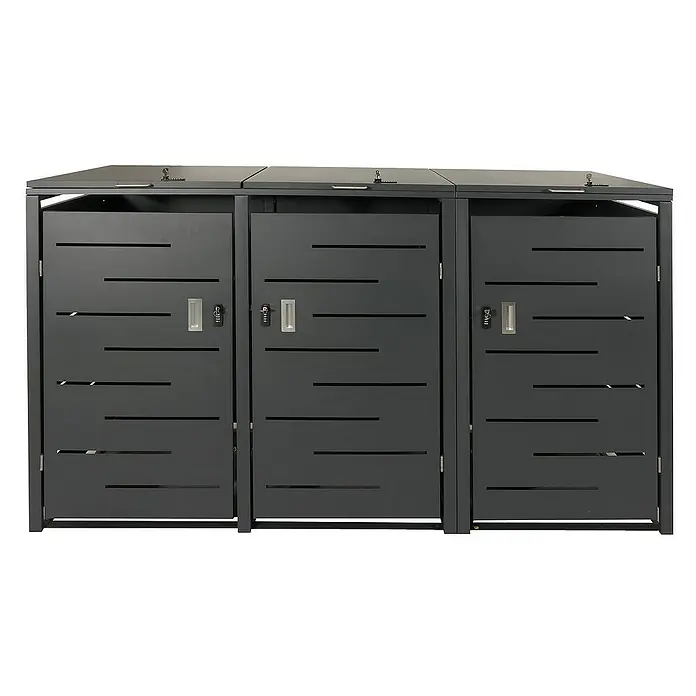 Proregal Mülltonnenbox XL 3er-/6er-Mülltonnenverkleidung - Metall, Anthrazit, Geeignet für Anzahl Mülltonnen: 3 Stk. - Drei graue Mülltonnenboxen mit Lamellentüren und Zahlenschlössern bieten eine stilvolle und sichere Aufbewahrung im Außenbereich.