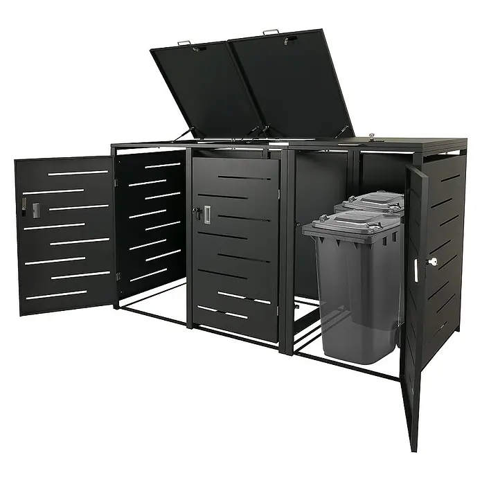 Proregal Mülltonnenbox XL 3er-/6er-Mülltonnenverkleidung - Metall, Anthrazit, Geeignet für Anzahl Mülltonnen: 3 Stk. - Mülltonnenbox aus Metall mit zwei Fächern und offenen Klappen. Die Box ist schwarz und hat ein modernes Design mit horizontalen Schlitzen.