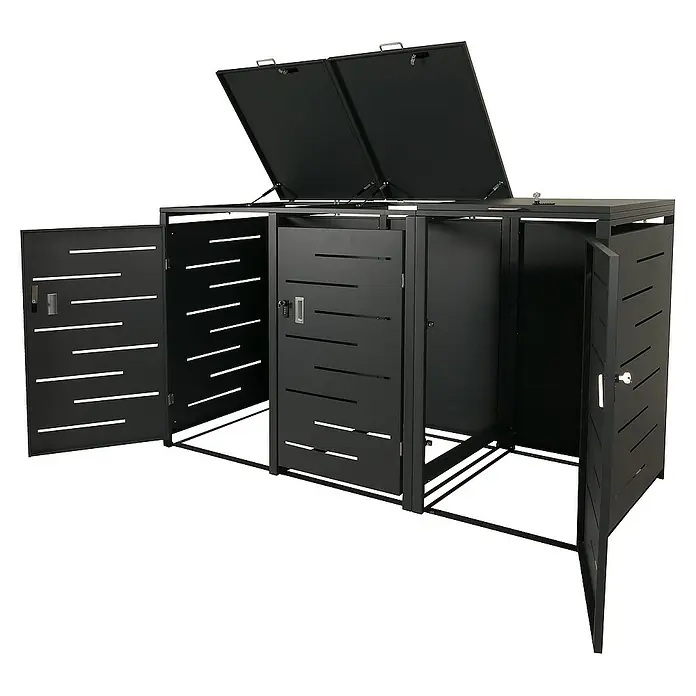 Proregal Mülltonnenbox XL 3er-/6er-Mülltonnenverkleidung - Metall, Anthrazit, Geeignet für Anzahl Mülltonnen: 3 Stk. - Mülltonnenbox aus schwarzem Metall mit Lamellendesign und zwei aufklappbaren Deckeln zur stilvollen Aufbewahrung von Mülltonnen.