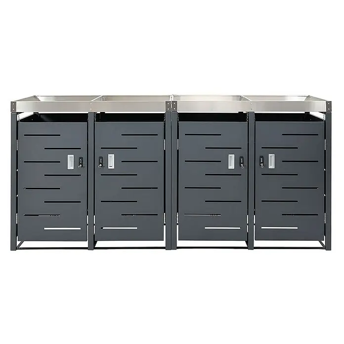 Proregal Mülltonnenbox 4er-Mülltonnenverkleidung - Metall, Edelstahl, Geeignet für Anzahl Mülltonnen: 4 Stk. - Detaillierte Ansicht eines modernen, grauen Mülltonnenbox-Systems mit horizontalen Schlitzen und Metallrahmen.