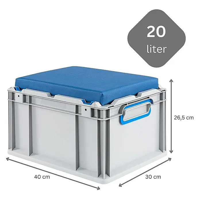 Proregal Eurobox Eurobox NextGen Seat Box Blau - L x B x H: 40 x 30 x 26,5 cm, Kunststoff, Grau, Blau - Abbildung einer grauen Aufbewahrungsbox mit blauem Kissen, beschriftet mit "20 Liter" und Dimensionsangaben.