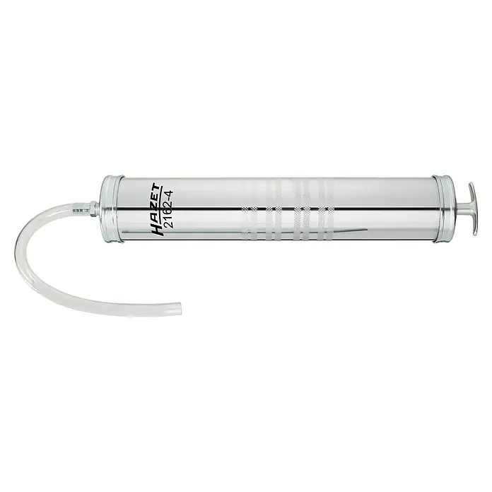 Hazet Druck- & Saugspritze 2162-4 - Füllmenge: 0,5 l, Geeignet für: Ölwechsel - HAZET 2162-4 Absaugvorrichtung: Ein transparentes, zylindrisches Werkzeug mit gebogenem Schlauch und Griff. Für Flüssigkeitsabsaugung konzipiert.