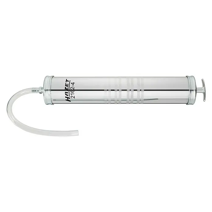 Hazet Druck- & Saugspritze 2162-4Füllmenge: 0,5 l, Geeignet für: Ölwechsel - HAZET 2162-4 Absaugvorrichtung: Ein transparentes, zylindrisches Werkzeug mit gebogenem Schlauch und Griff. Für Flüssigkeitsabsaugung konzipiert.