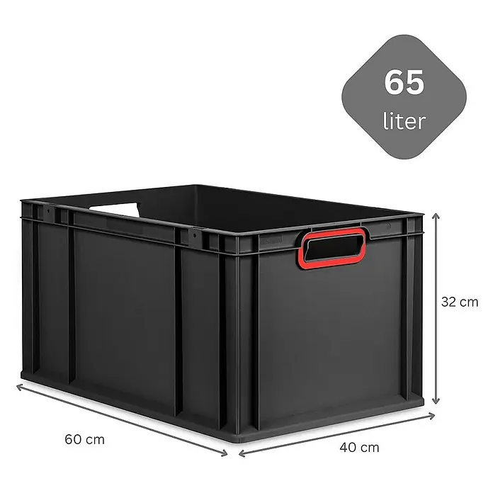 Proregal Eurobox Eurobox NextGen Color - L x B x H: 60 x 40 x 32 cm, Kunststoff, Schwarz, Rot - Abgebildet ist eine schwarze 65-Liter-Kunststoffbox mit den Maßen 60x40x32 cm, ideal zur Aufbewahrung.