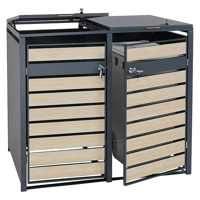 Proregal Mülltonnenbox 2er Mülltonnenverkleidung - Metall, Buche-Holzoptik Hellbraun, Geeignet für Anzahl Mülltonnen: 2 Stk. - Abfalltonnenbox für den Außenbereich. Ideal zur stilvollen Aufbewahrung von Mülltonnen im Garten oder auf der Terrasse.