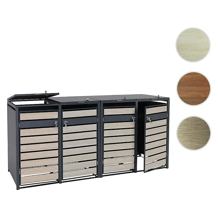 Proregal Mülltonnenbox 4er Mülltonnenverkleidung - Metall, Buche-Holzoptik Hellbraun, Geeignet für Anzahl Mülltonnen: 4 Stk. - Mülltonnenbox für drei Tonnen mit Holzverkleidung. Die Box ist mit abschließbaren Türen und Deckeln versehen.