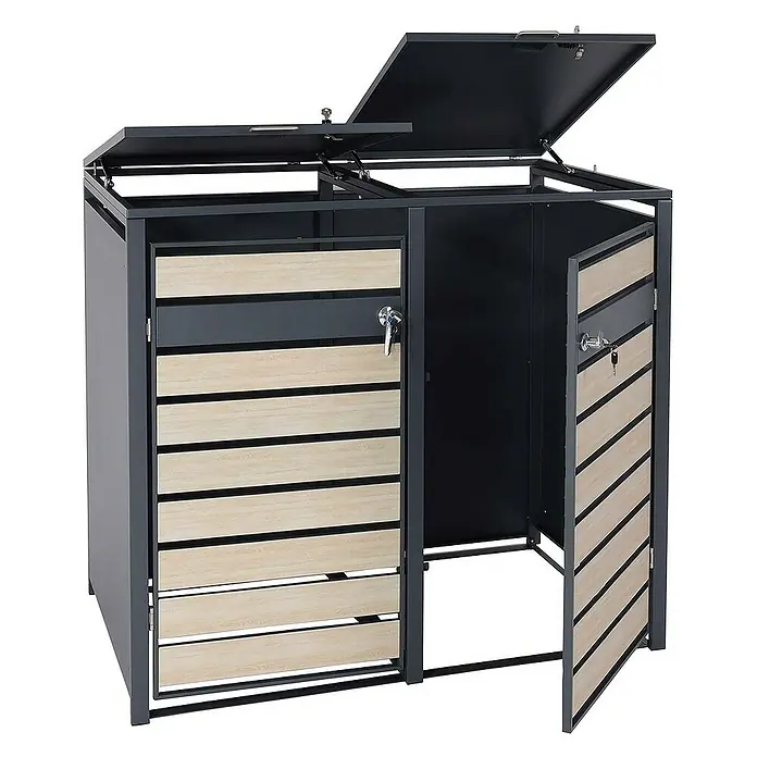 Proregal Mülltonnenbox 2er Mülltonnenverkleidung - Metall, Buche-Holzoptik Hellbraun, Geeignet für Anzahl Mülltonnen: 2 Stk. - Doppelte Mülltonnenbox aus Metall und Holz mit abschließbaren Türen und Deckeln.