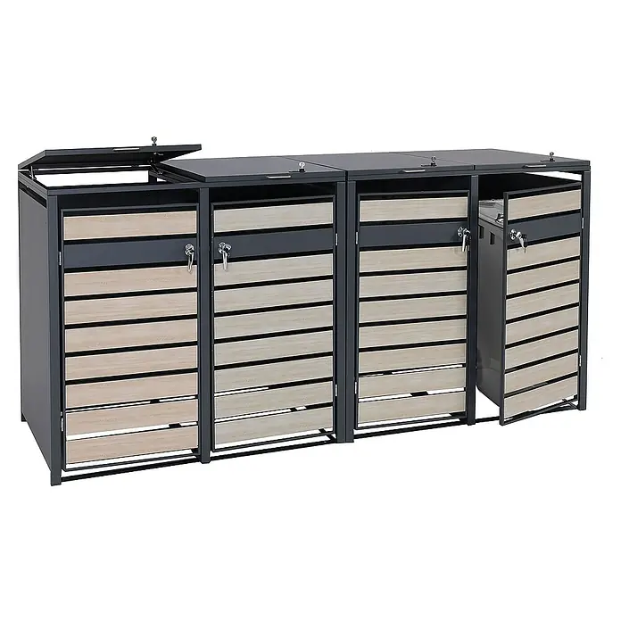 Proregal Mülltonnenbox 4er Mülltonnenverkleidung - Metall, Buche-Holzoptik Hellbraun, Geeignet für Anzahl Mülltonnen: 4 Stk. - Das Bild zeigt eine Abfalltonnenbox aus Metall mit Holzverkleidung und abschließbaren Türen zur Mülltrennung.
