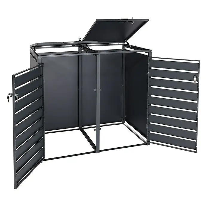 Proregal Mülltonnenbox 2er Mülltonnenverkleidung - Metall, Buche-Holzoptik Hellbraun, Geeignet für Anzahl Mülltonnen: 2 Stk. - Doppel-Mülltonnenbox aus Metall mit zwei separaten Fächern, die jeweils über eine Tür und einen Deckel verfügen.