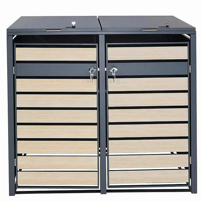 Proregal Mülltonnenbox 2er Mülltonnenverkleidung - Metall, Buche-Holzoptik Hellbraun, Geeignet für Anzahl Mülltonnen: 2 Stk. - Mülltonnenbox für den Außenbereich mit Holzverkleidung und abschließbaren Türen für eine stilvolle Aufbewahrung.