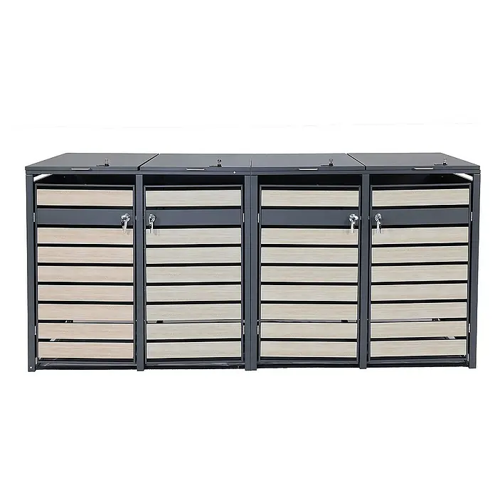 Proregal Mülltonnenbox 4er Mülltonnenverkleidung - Metall, Buche-Holzoptik Hellbraun, Geeignet für Anzahl Mülltonnen: 4 Stk. - Abfallboxen-Set mit abschließbaren Fächern und Holzpaneelen für stilvolle Mülltrennung im Außenbereich.
