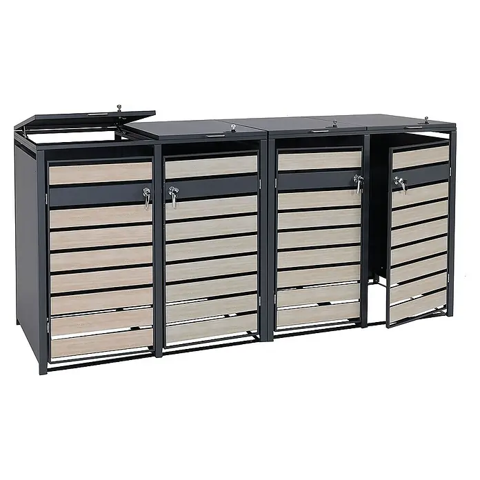 Proregal Mülltonnenbox 4er Mülltonnenverkleidung - Metall, Buche-Holzoptik Hellbraun, Geeignet für Anzahl Mülltonnen: 4 Stk. - Abfalltrennsystem mit vier Fächern und Holzlatten-Design für den Außenbereich zur Mülltrennung und stilvollen Aufbewahrung.