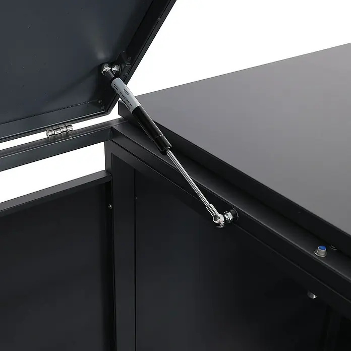 Proregal Mülltonnenbox 2er Mülltonnenverkleidung - Metall, Buche-Holzoptik Hellbraun, Geeignet für Anzahl Mülltonnen: 2 Stk. - Detailansicht einer grauen Aufbewahrungsbox mit offenem Deckel, der durch eine Gasdruckfeder gehalten wird.