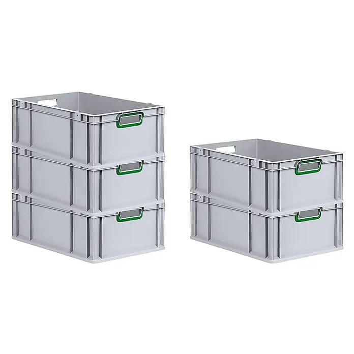 Proregal Eurobox Eurobox NextGen Color - L x B x H: 60 x 40 x 22 cm, Kunststoff, Grau, Grün - Auf dem Bild sind graue, stapelbare Kunststoffboxen mit grünen Griffen zu sehen, die für Lagerung und Transport geeignet sind.