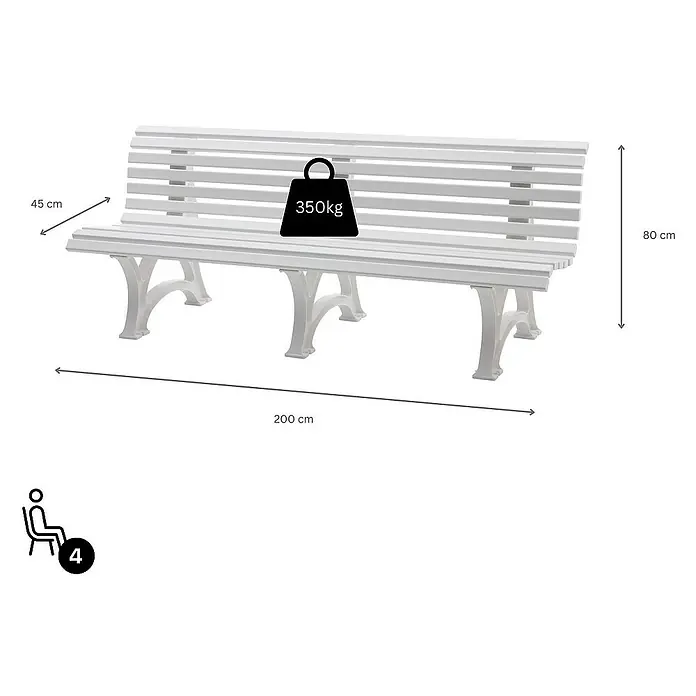 Proregal Gartenbank Jamaika 4-Sitzer aus Kunststoff - Weiß - Abbildung einer weißen Bank mit den Maßen 200 x 45 x 80 cm, die eine Last von 350 kg tragen kann und für 4 Personen geeignet ist.
