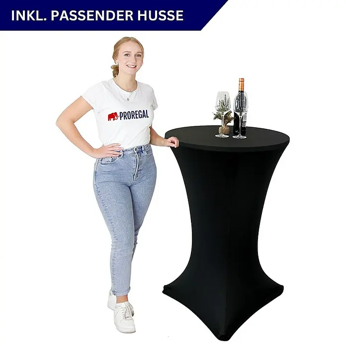 Chefgastro Garten-Stehtisch rund mit Hussen - Klappbar, Schwarz - Elegante Stehtischhusse in Schwarz mit passender Husse für stilvolle Präsentationen auf Veranstaltungen und Messen.